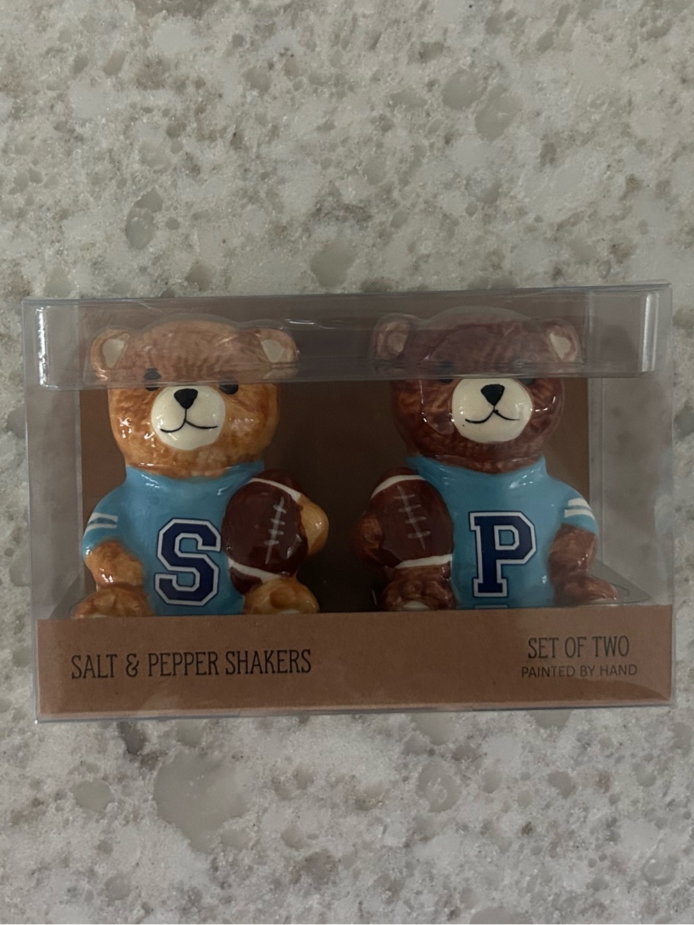 “New” Blue Jersey Bear Salt & Pepper Shaker Set